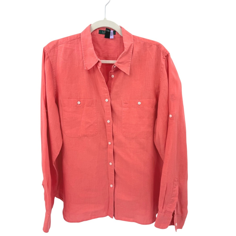 Lauren Ralph Lauren Womens XL Coral 100% Linen Roll Tab Button Up Shirt LRL Logo